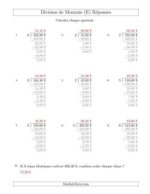 Division de Montants par Tranches de 10 Sous par un Diviseur à Un Chiffre ($) (E) page 2