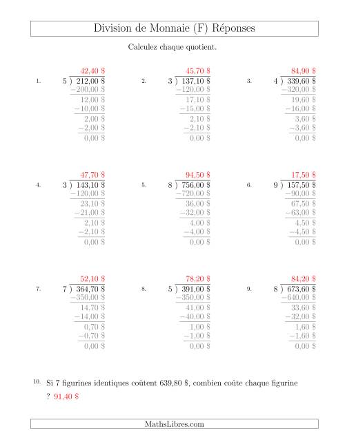 Division de Montants par Tranches de 10 Sous par un Diviseur à Un Chiffre ($) (F) page 2
