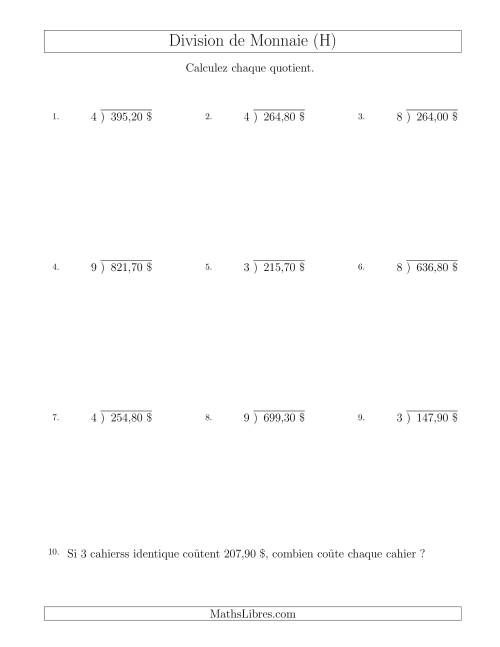 Division de Montants par Tranches de 10 Sous par un Diviseur à Un Chiffre ($) (H)