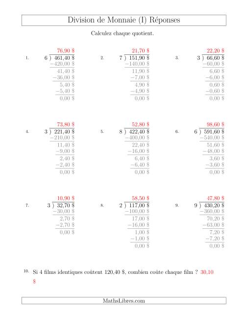 Division de Montants par Tranches de 10 Sous par un Diviseur à Un Chiffre ($) (I) page 2