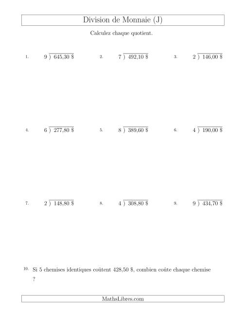 Division de Montants par Tranches de 10 Sous par un Diviseur à Un Chiffre ($) (J)