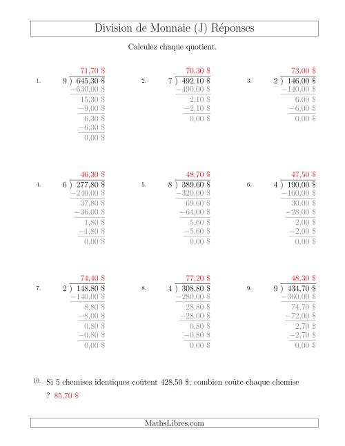 Division de Montants par Tranches de 10 Sous par un Diviseur à Un Chiffre ($) (J) page 2