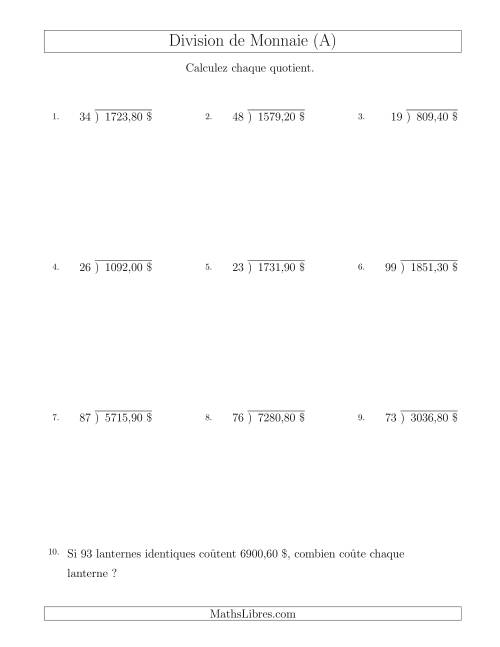Division de Montants par Tranches de 10 Sous par un Diviseur à Deux Chiffres ($) (A)