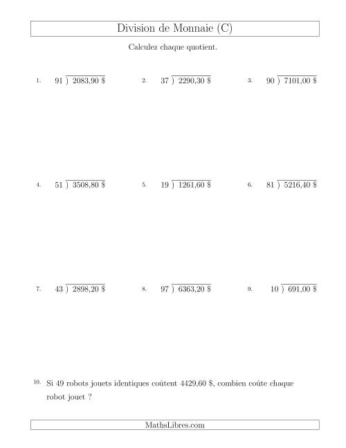 Division de Montants par Tranches de 10 Sous par un Diviseur à Deux Chiffres ($) (C)