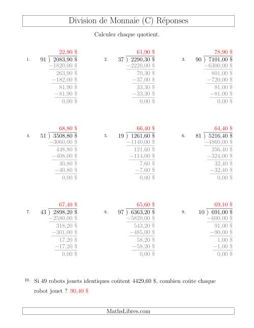 Division de Montants par Tranches de 10 Sous par un Diviseur à Deux Chiffres ($) (C) page 2
