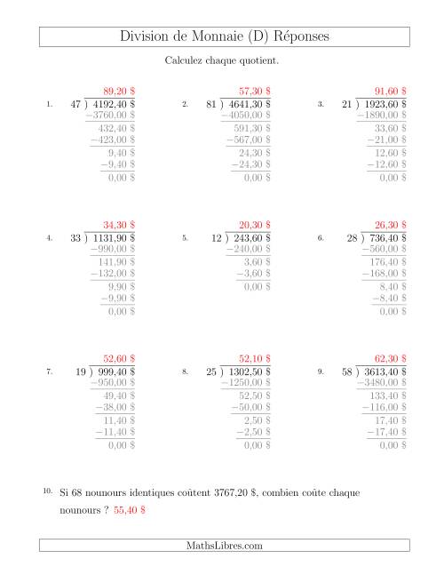 Division de Montants par Tranches de 10 Sous par un Diviseur à Deux Chiffres ($) (D) page 2