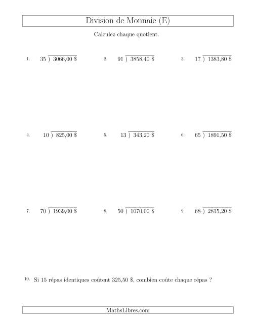 Division de Montants par Tranches de 10 Sous par un Diviseur à Deux Chiffres ($) (E)