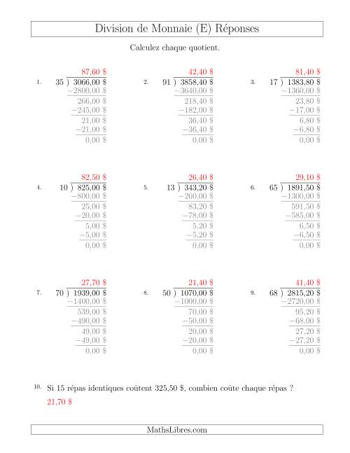 Division de Montants par Tranches de 10 Sous par un Diviseur à Deux Chiffres ($) (E) page 2