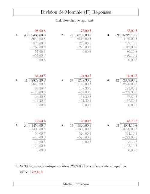 Division de Montants par Tranches de 10 Sous par un Diviseur à Deux Chiffres ($) (F) page 2