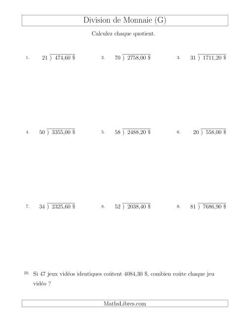 Division de Montants par Tranches de 10 Sous par un Diviseur à Deux Chiffres ($) (G)