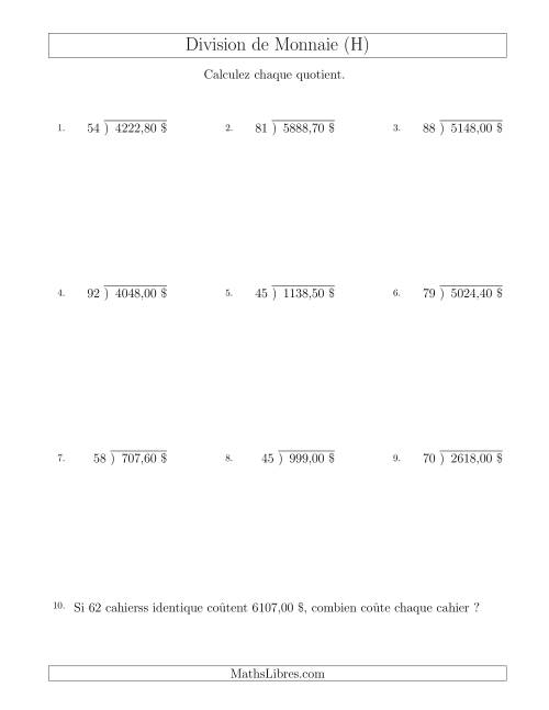 Division de Montants par Tranches de 10 Sous par un Diviseur à Deux Chiffres ($) (H)