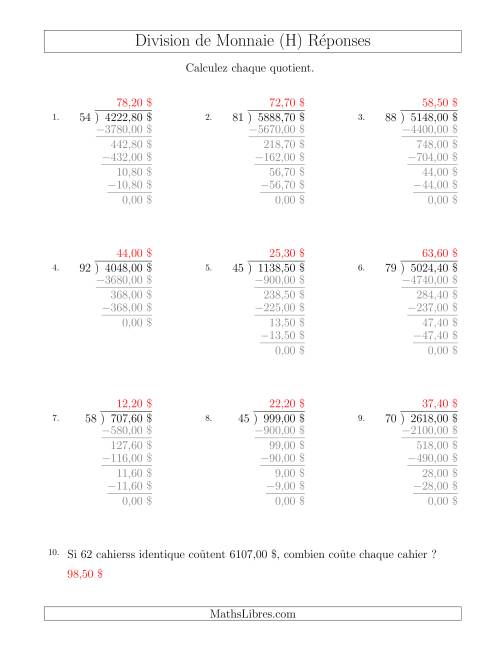 Division de Montants par Tranches de 10 Sous par un Diviseur à Deux Chiffres ($) (H) page 2
