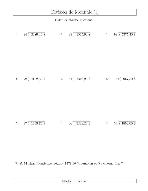 Division de Montants par Tranches de 10 Sous par un Diviseur à Deux Chiffres ($) (I)