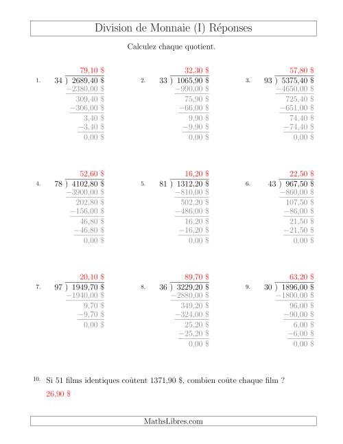 Division de Montants par Tranches de 10 Sous par un Diviseur à Deux Chiffres ($) (I) page 2
