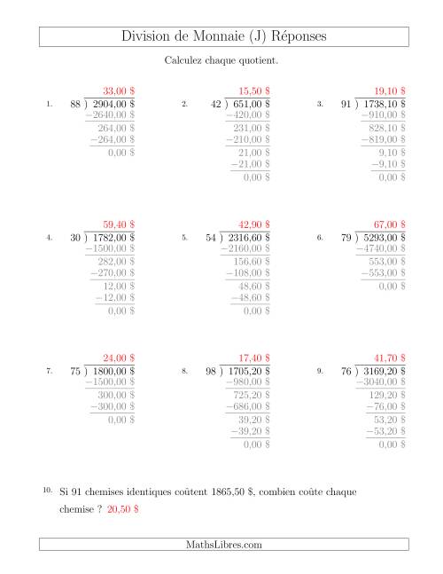Division de Montants par Tranches de 10 Sous par un Diviseur à Deux Chiffres ($) (J) page 2