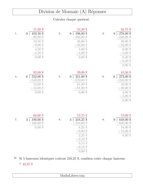 Division de Montants par Tranches de 25 Sous par un Diviseur à Un Chiffre ($) (A) page 2