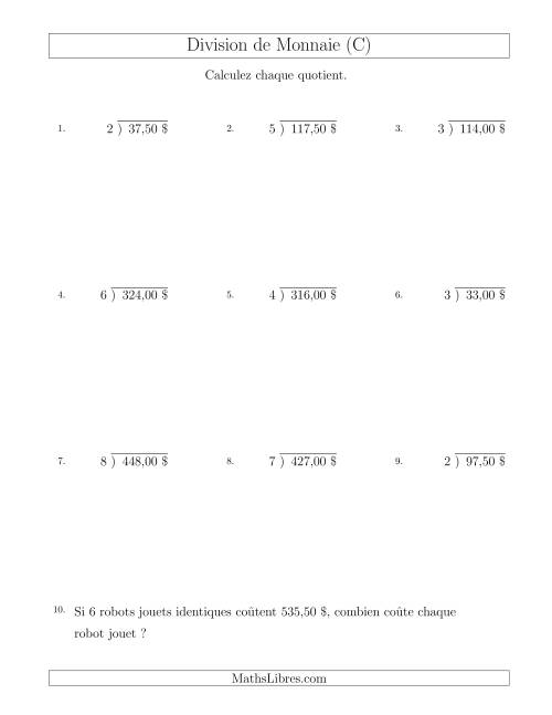 Division de Montants par Tranches de 25 Sous par un Diviseur à Un Chiffre ($) (C)