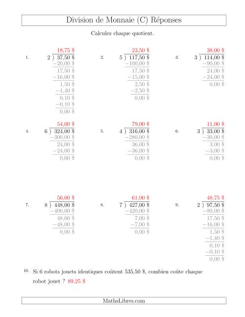 Division de Montants par Tranches de 25 Sous par un Diviseur à Un Chiffre ($) (C) page 2