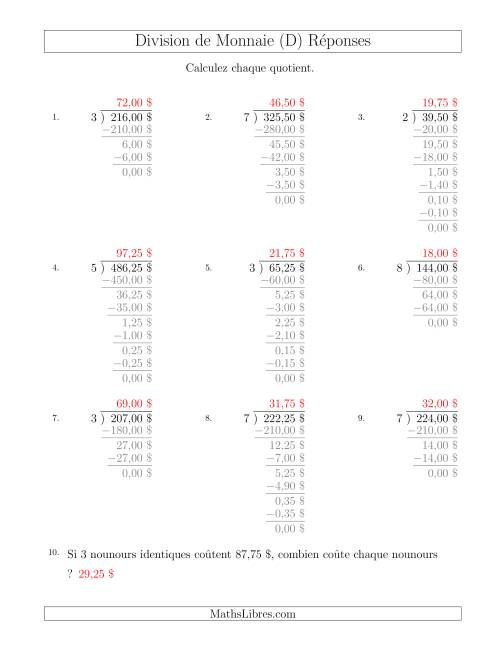 Division de Montants par Tranches de 25 Sous par un Diviseur à Un Chiffre ($) (D) page 2
