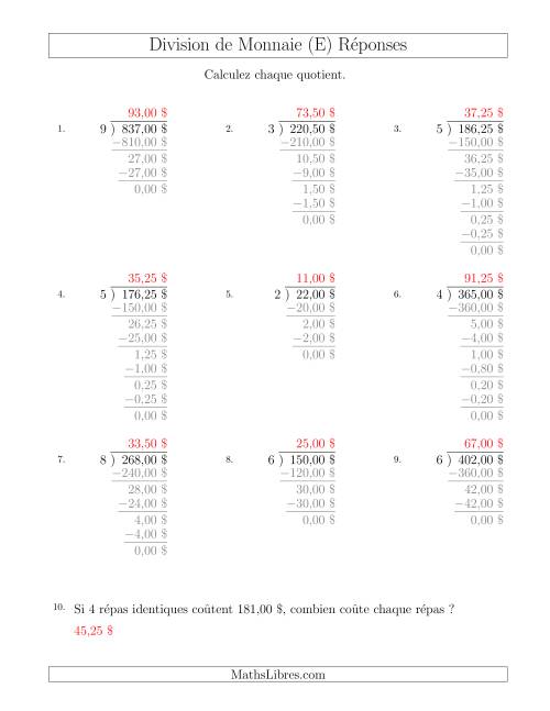 Division de Montants par Tranches de 25 Sous par un Diviseur à Un Chiffre ($) (E) page 2