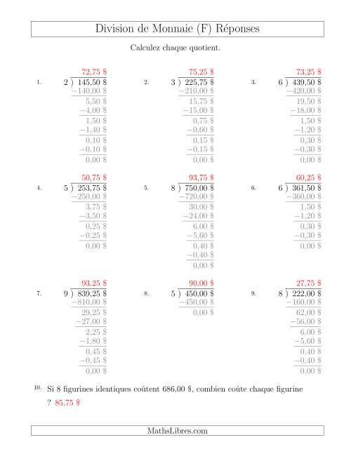 Division de Montants par Tranches de 25 Sous par un Diviseur à Un Chiffre ($) (F) page 2