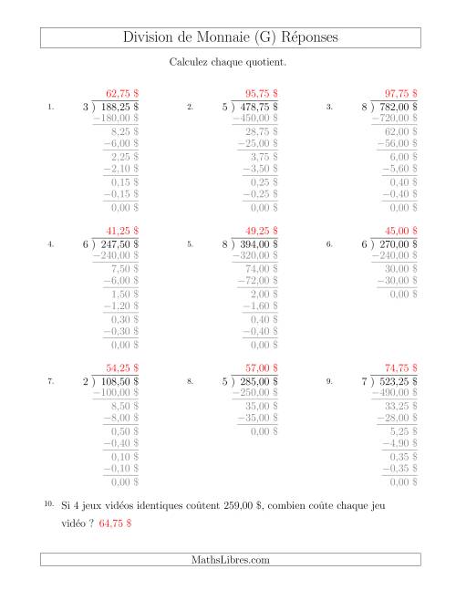 Division de Montants par Tranches de 25 Sous par un Diviseur à Un Chiffre ($) (G) page 2