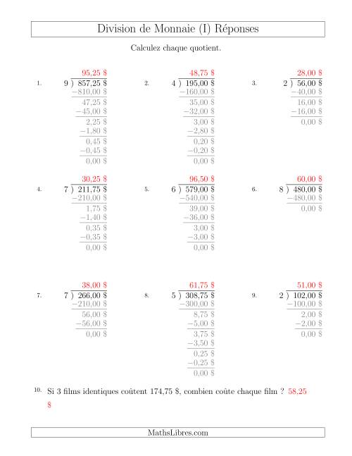 Division de Montants par Tranches de 25 Sous par un Diviseur à Un Chiffre ($) (I) page 2