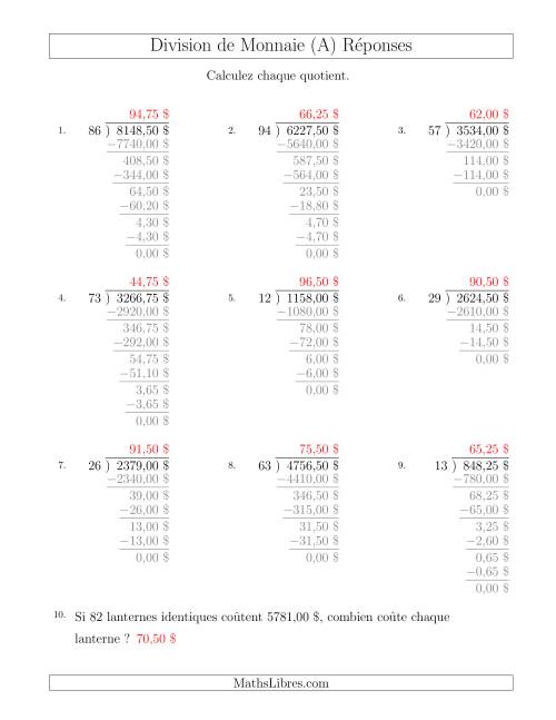 Division de Montants par Tranches de 25 Sous par un Diviseur à Deux Chiffres ($) (A) page 2