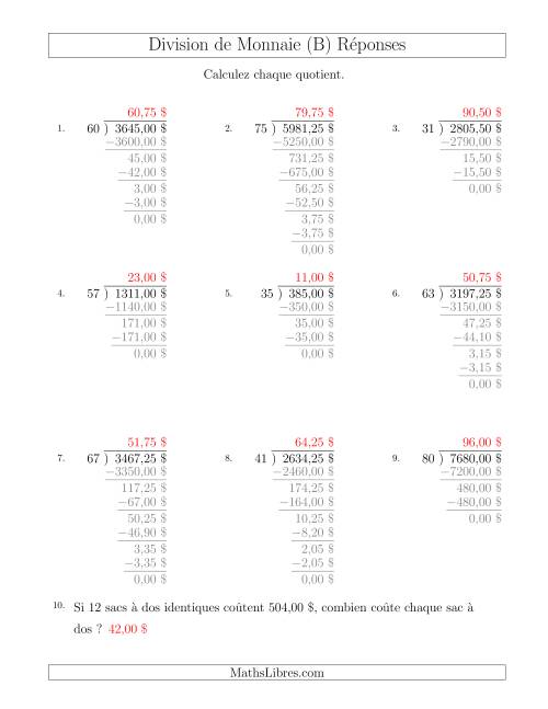 Division de Montants par Tranches de 25 Sous par un Diviseur à Deux Chiffres ($) (B) page 2