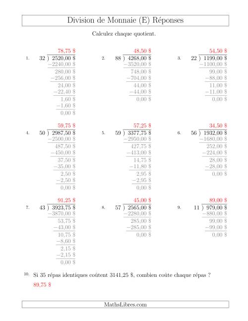 Division de Montants par Tranches de 25 Sous par un Diviseur à Deux Chiffres ($) (E) page 2