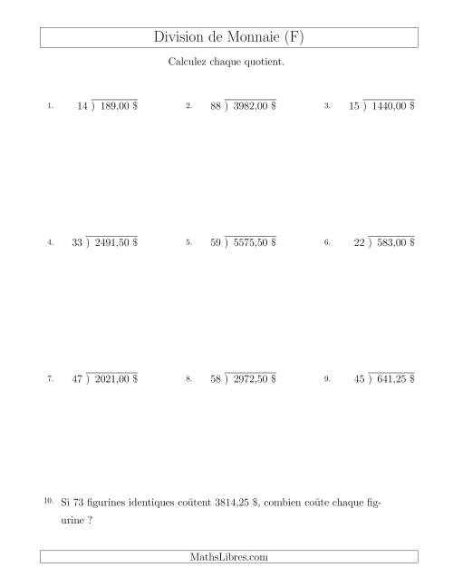 Division de Montants par Tranches de 25 Sous par un Diviseur à Deux Chiffres ($) (F)