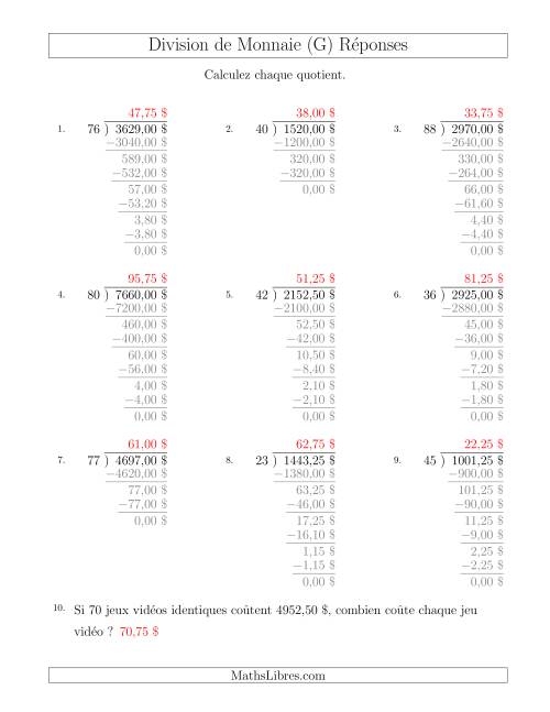Division de Montants par Tranches de 25 Sous par un Diviseur à Deux Chiffres ($) (G) page 2