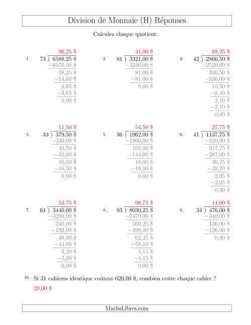 Division de Montants par Tranches de 25 Sous par un Diviseur à Deux Chiffres ($) (H) page 2