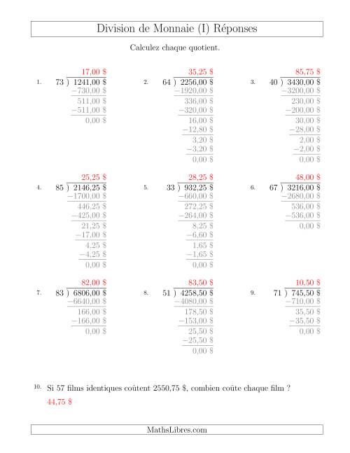 Division de Montants par Tranches de 25 Sous par un Diviseur à Deux Chiffres ($) (I) page 2
