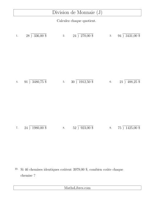 Division de Montants par Tranches de 25 Sous par un Diviseur à Deux Chiffres ($) (J)