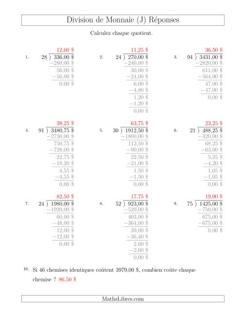 Division de Montants par Tranches de 25 Sous par un Diviseur à Deux Chiffres ($) (J) page 2