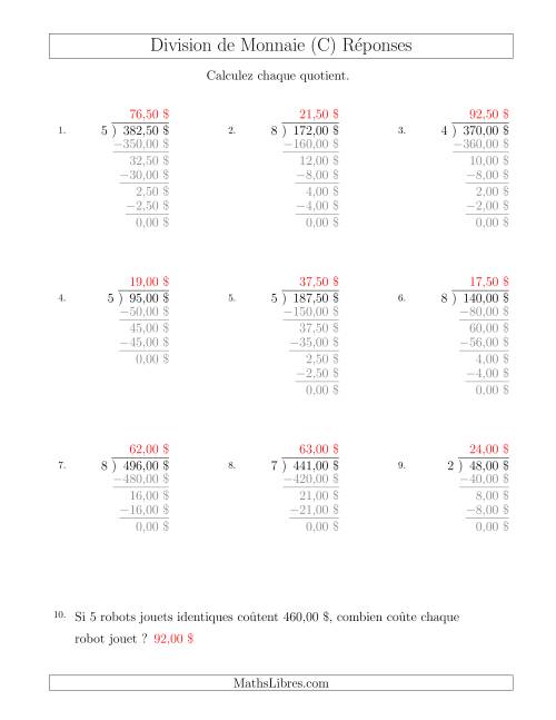 Division de Montants par Tranches de 50 Sous par un Diviseur à Un Chiffre ($) (C) page 2