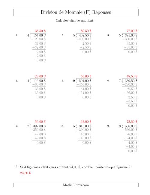 Division de Montants par Tranches de 50 Sous par un Diviseur à Un Chiffre ($) (F) page 2