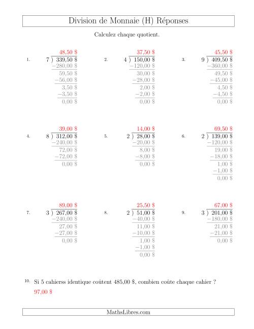 Division de Montants par Tranches de 50 Sous par un Diviseur à Un Chiffre ($) (H) page 2