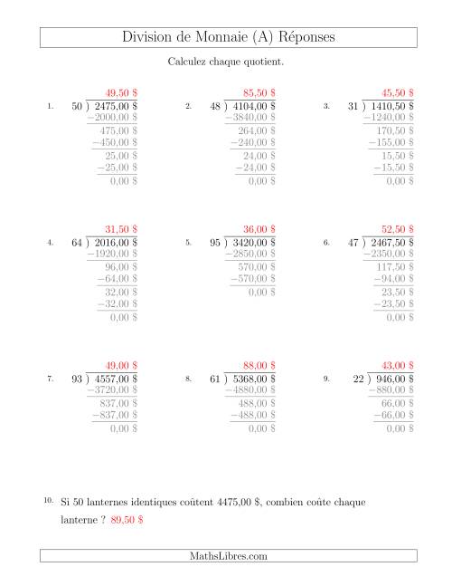 Division de Montants par Tranches de 50 Sous par un Diviseur à Deux Chiffres ($) (A) page 2