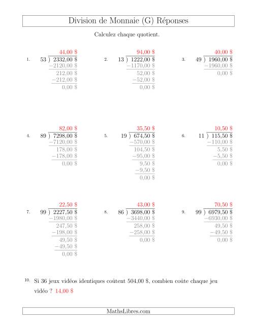 Division de Montants par Tranches de 50 Sous par un Diviseur à Deux Chiffres ($) (G) page 2