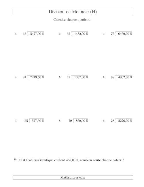Division de Montants par Tranches de 50 Sous par un Diviseur à Deux Chiffres ($) (H)