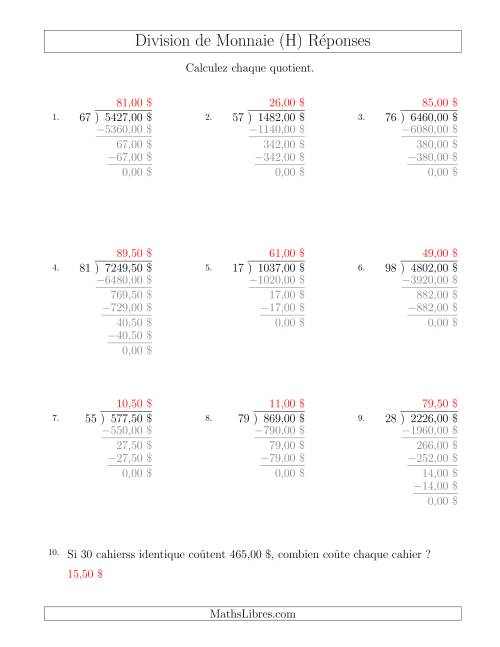 Division de Montants par Tranches de 50 Sous par un Diviseur à Deux Chiffres ($) (H) page 2