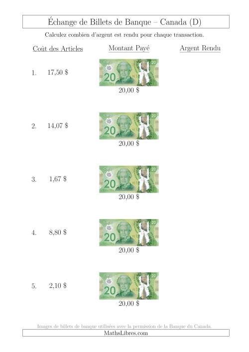 Échange de Billets de Banque Canadiens de 20 $ (D)
