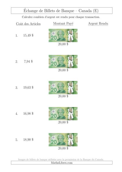 Échange de Billets de Banque Canadiens de 20 $ (E)