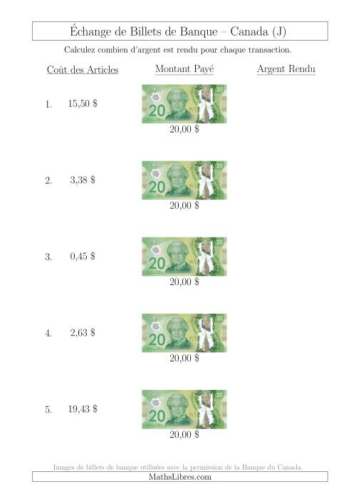 Échange de Billets de Banque Canadiens de 20 $ (J)