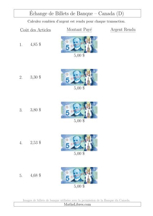 Échange de Billets de Banque Canadiens de 5 $ (D)
