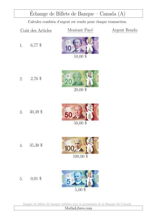 Échange de Billets de Banque Canadiens Jusqu'à 100 $ (A)