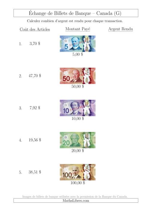 Échange de Billets de Banque Canadiens Jusqu'à 100 $ (G)