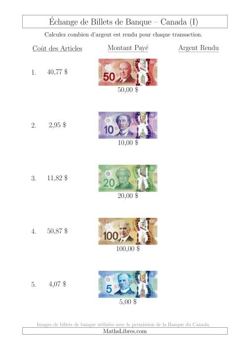 Échange de Billets de Banque Canadiens Jusqu'à 100 $ (I)